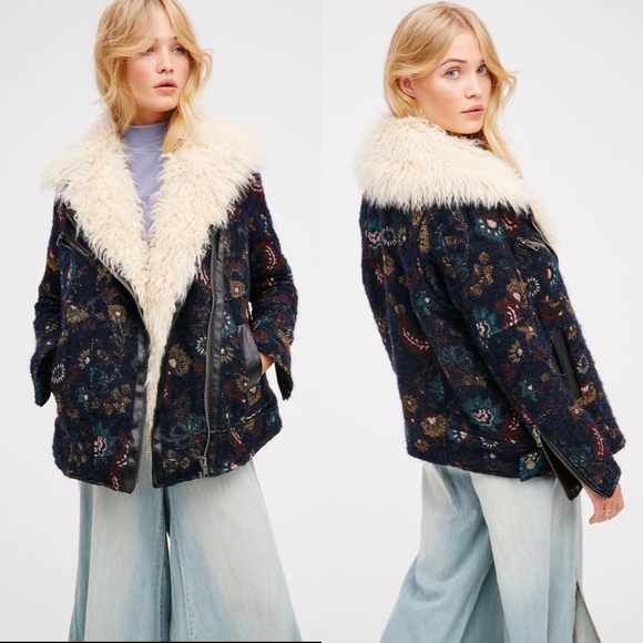 Free People Jackets & Blazers - NWT Free People Jacquard Floral Wool Faux Fur Coat